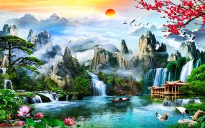 File tranh Tranh sơn thủy thác nước phong thủy ST2777 (bản gốc) in canvas