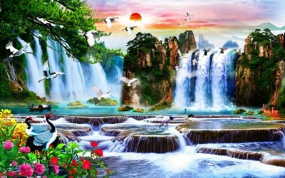 File gốc Tranh sơn thủy thác nước phong thủy ST2799 (in tráng gương) nghệ thuật