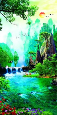File tranh Tranh sơn thủy thác nước phong thủy ST2802 (ảnh gốc) in trần 3D