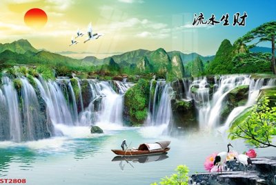 File tranh in mica Tranh sơn thủy thác nước phong thủy ST2808 (độ phân giải cao)