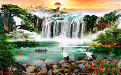 Ảnh gốc Tranh sơn thủy thác nước phong thủy ST2828 (nét căng) in mica