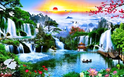 File tranh Tranh sơn thủy thác nước phong thủy ST2830 (ảnh gốc) độc quyền