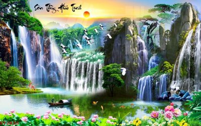 File gốc Tranh sơn thủy thác nước phong thủy ST2835 (trang trí) cho phòng khách