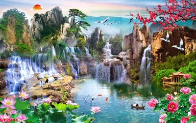 File tranh gốc PSD Tranh sơn thủy thác nước phong thủy ST2846 còn nguyên layer