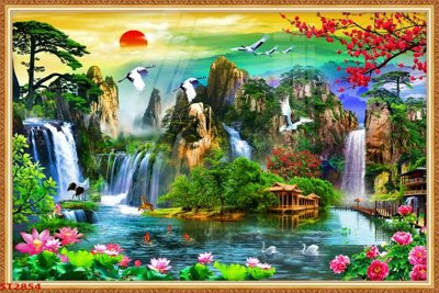 File in ấn chuyên nghiệp Tranh sơn thủy thác nước phong thủy ST2854 (file gốc)
