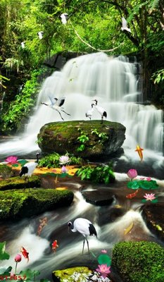 File in lụa Tranh sơn thủy thác nước phong thủy ST2857 (hoa văn) Tranh sơn thủy thác nước phong thủy ST2857