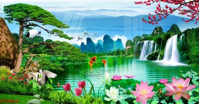 File PSD Tranh sơn thủy thác nước phong thủy ST2862 (nguyên gốc) chất lượng cao