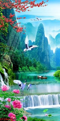 File in trần Tranh sơn thủy thác nước phong thủy ST2867 (file gốc) phong thủy
