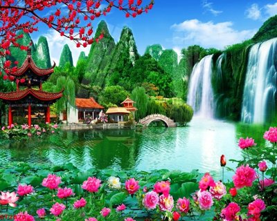 File gốc Tranh sơn thủy thác nước phong thủy ST2872 (in 3D) nghệ thuật