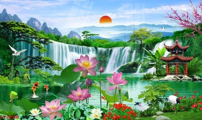 Tải file Tranh sơn thủy thác nước phong thủy ST2888 (gốc) chủ đề phong thủy