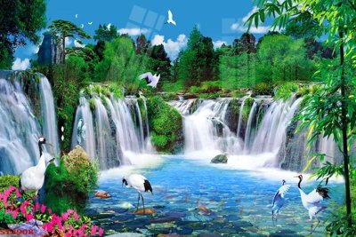 Tải file gốc in lụa Tranh sơn thủy thác nước phong thủy ST2908 siêu nét