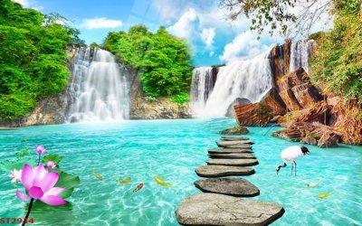 File gốc Tranh sơn thủy thác nước phong thủy ST2934 (in lụa) chi tiết cao