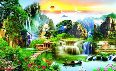 Hình ảnh file gốc in lụa Tranh sơn thủy thác nước phong thủy ST2947