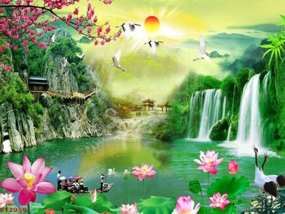 File PSD Tranh sơn thủy thác nước phong thủy ST2959 (chất lượng in ấn)