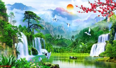 File tranh Tranh sơn thủy thác nước phong thủy ST2962 (gốc) chủ đề thành phố