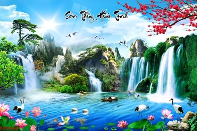 File tranh trang trí Tranh sơn thủy thác nước phong thủy ST2963 (file gốc)