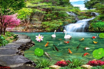 File tranh Tranh sơn thủy thác nước phong thủy ST2976 (gốc) chủ đề con người