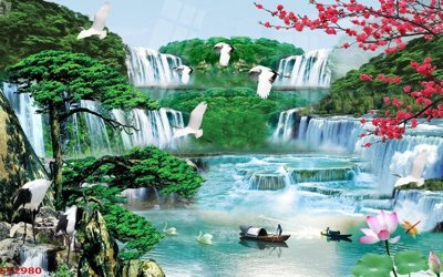 File tranh Tranh sơn thủy thác nước phong thủy ST2980 (ảnh gốc) chi tiết rõ ràng