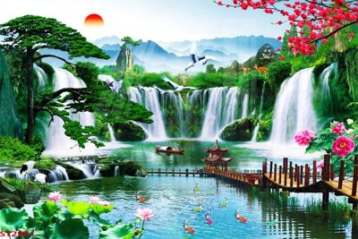 Mua file gốc Tranh sơn thủy thác nước phong thủy ST2981 (PSD) tại Filetranh.com