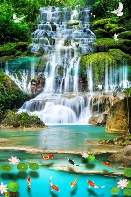 File tranh Tranh sơn thủy thác nước phong thủy ST2985 (gốc) in trên kính