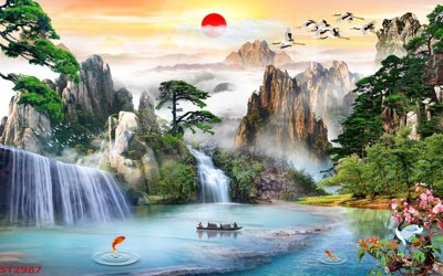 File gốc Tranh sơn thủy thác nước phong thủy ST2987 (in 3D) nghệ thuật