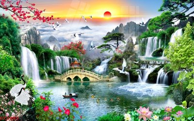 Tải file Tranh sơn thủy thác nước phong thủy ST2991 (ảnh gốc) in tráng gương