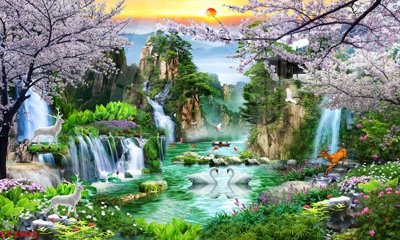 File tranh Tranh sơn thủy thác nước phong thủy ST2992 (ảnh gốc) in trần 3D