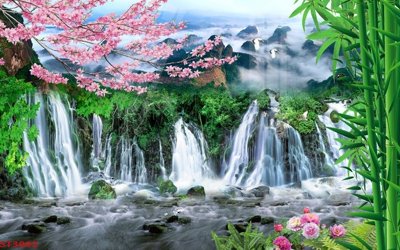 File ảnh Tranh sơn thủy thác nước phong thủy ST3002 (gốc) dùng in Pano
