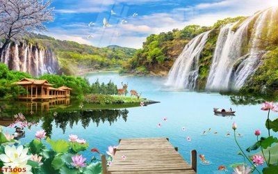 File gốc Tranh sơn thủy thác nước phong thủy ST3005 (in tráng gương) sang trọng