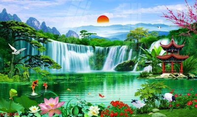 File tranh ảnh gốc Tranh sơn thủy thác nước phong thủy ST3028 dùng cho in khổ lớn