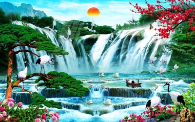 File gốc Tranh sơn thủy thác nước phong thủy ST3046 (PNG) không nền chất lượng