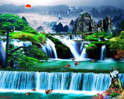 File in lụa Tranh sơn thủy thác nước phong thủy ST3057 (hoa văn) Tranh sơn thủy thác nước phong thủy ST3057