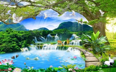 File in lụa Tranh sơn thủy thác nước phong thủy ST3079 (tân cổ điển) Tranh sơn thủy thác nước phong thủy ST3079