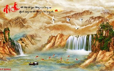 File tranh Tranh sơn thủy thác nước phong thủy ST3084 (file gốc) chủ đề phong thủy