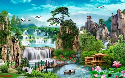 File in ấn chuyên nghiệp Tranh sơn thủy thác nước phong thủy ST3088 (file gốc)