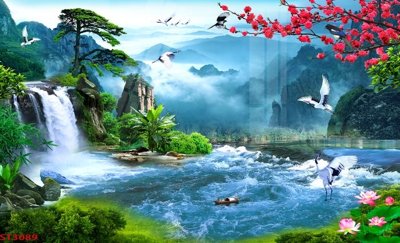 File in lụa Tranh sơn thủy thác nước phong thủy ST3089 (hoa văn) Tranh sơn thủy thác nước phong thủy ST3089