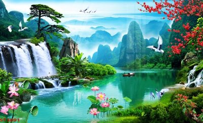 File tranh gốc in trần nhà Tranh sơn thủy thác nước phong thủy ST3091 3D