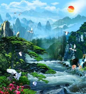 Download file Tranh sơn thủy thác nước phong thủy ST3095 (gốc) in mica ốp bếp