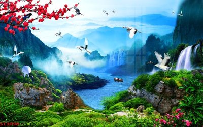 File in ấn chuyên nghiệp Tranh sơn thủy thác nước phong thủy ST3098 (file gốc)