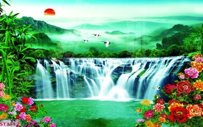File tranh gốc Tranh sơn thủy thác nước phong thủy ST3112 chủ đề hiện đại