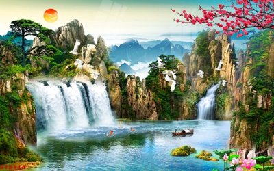 Download file gốc Tranh sơn thủy thác nước phong thủy ST3114 (in mica) trang trí