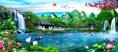 File ảnh Tranh sơn thủy thác nước phong thủy ST3117 (gốc) cho trang trí nhà hàng