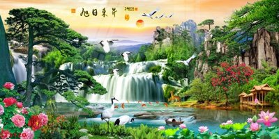 File ảnh Tranh sơn thủy thác nước phong thủy ST3120 (gốc) in quảng cáo ngoài trời