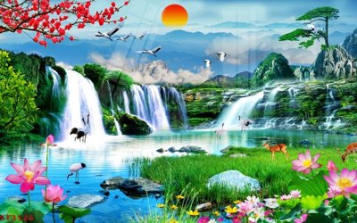 File tranh Tranh sơn thủy thác nước phong thủy ST3125 (bản gốc) treo phòng ăn