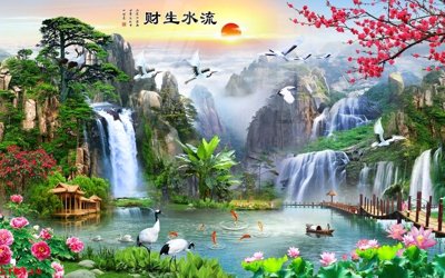 File in ấn chuyên nghiệp Tranh sơn thủy thác nước phong thủy ST3134 (file gốc)