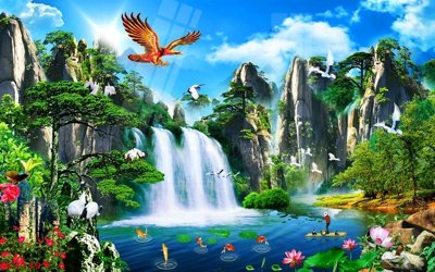 Hình ảnh file gốc Tranh sơn thủy thác nước phong thủy ST3139 cho in UV