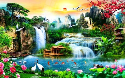 File tranh Tranh sơn thủy thác nước phong thủy ST3142 (gốc) chủ đề trừu tượng