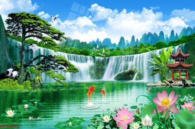 File in mica Tranh sơn thủy thác nước phong thủy ST3151 (bản gốc) siêu trong