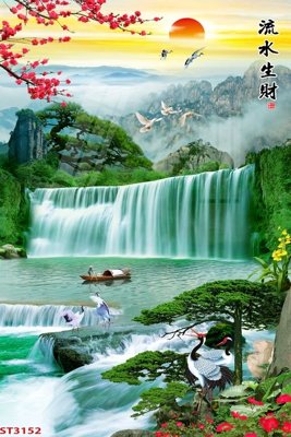 File in mica Tranh sơn thủy thác nước phong thủy ST3152 (bản gốc) làm vách ngăn