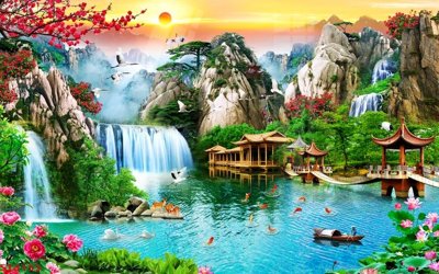 Ảnh gốc Tranh sơn thủy thác nước phong thủy ST3155 (độ nét cao) in mica